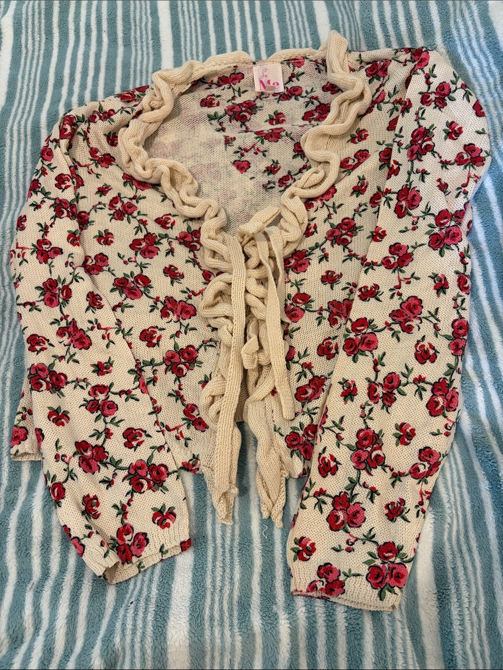 So Me Cream Cardigan with Red Rose Print and Ruffle Trim